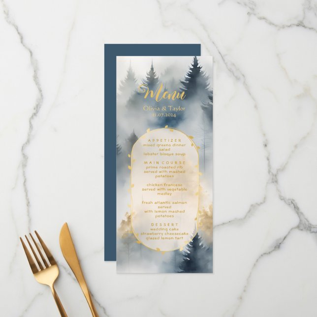 Rustic Blue Pine Trees Forest Wedding Menu (Front/Back In Situ)