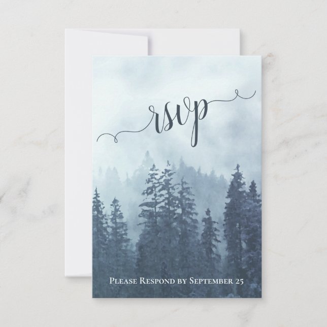 Rustic Blue Pine Trees Mountain Woodland Wedding RSVP Card (Front)