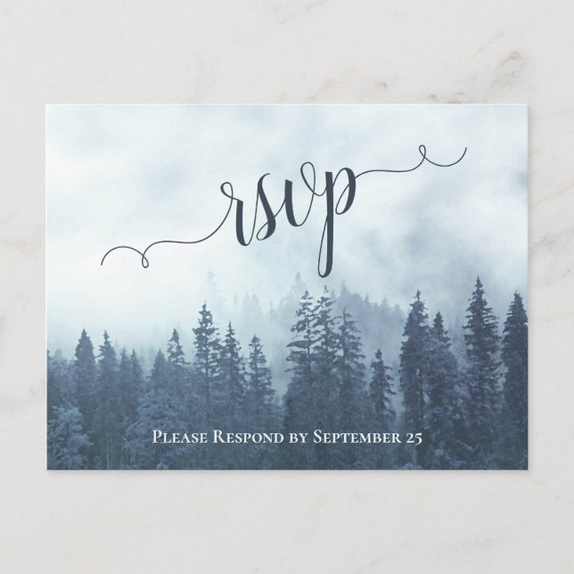 Rustic Blue Pine Trees Outdoor Wedding RSVP Postcard (Front)