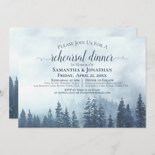 Rustic Blue Pine Trees Wedding Rehearsal & Dinner  Invitation (Front/Back)