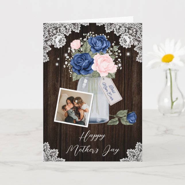 Rustic Blue Pink Floral Photo Happy Mother's Day Card (Small Plant)