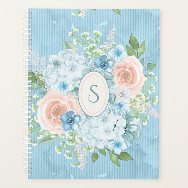 Rustic Blue Pink Monogram Floral Shabby Chic Planner (Front)