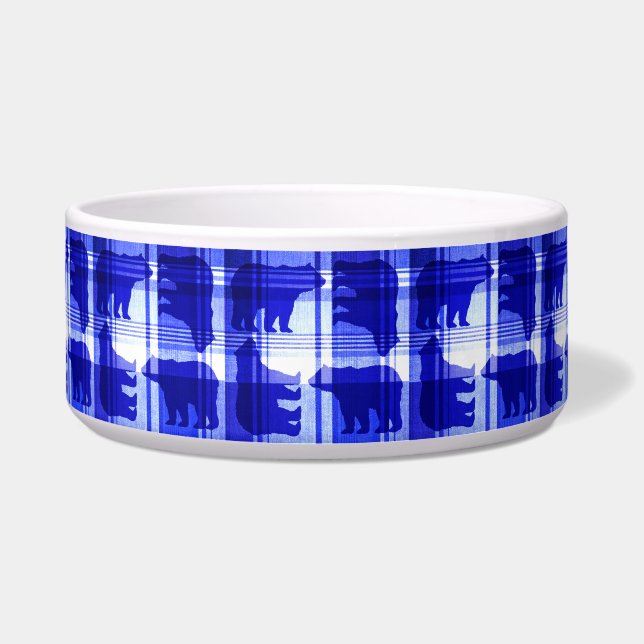 Rustic blue plaid bears pet bowl (Front)