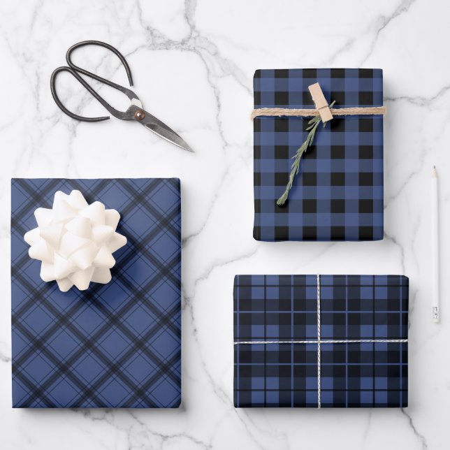 Rustic Blue Plaid Buffalo Check Mixed Pattern Wrapping Paper Sheet (Front)