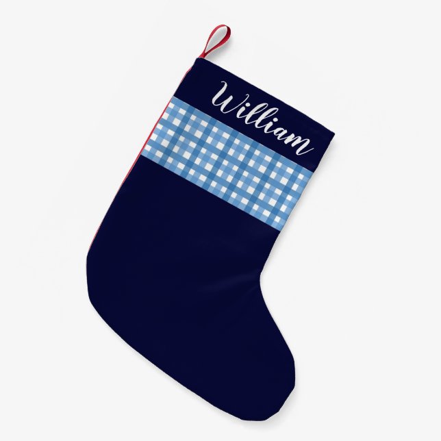 Rustic Blue Plaid Custom name Small Christmas Stocking (Front (Hanging))
