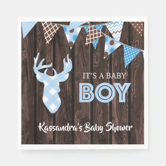 Rustic Blue Plaid Deer Baby Shower Lunch Napkin (Front)