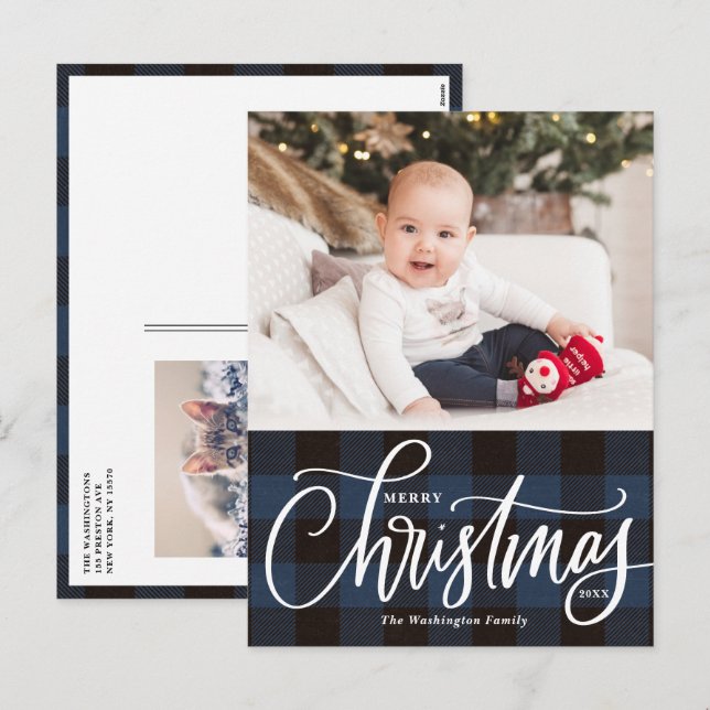 Rustic Blue Plaid Merry Christmas Photo Holiday Postcard (Front/Back)