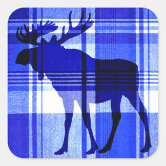 Rustic blue plaid moose square stickers