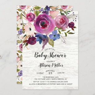 Rustic Blue Plum Floral Baby Shower Invitation