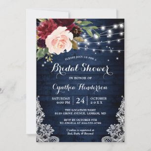 Rustic Blue Red Floral Lights Lace Bridal Shower Invitation