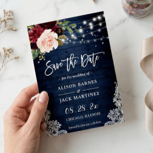 Rustic Blue Red Floral String Lights Wedding Save The Date