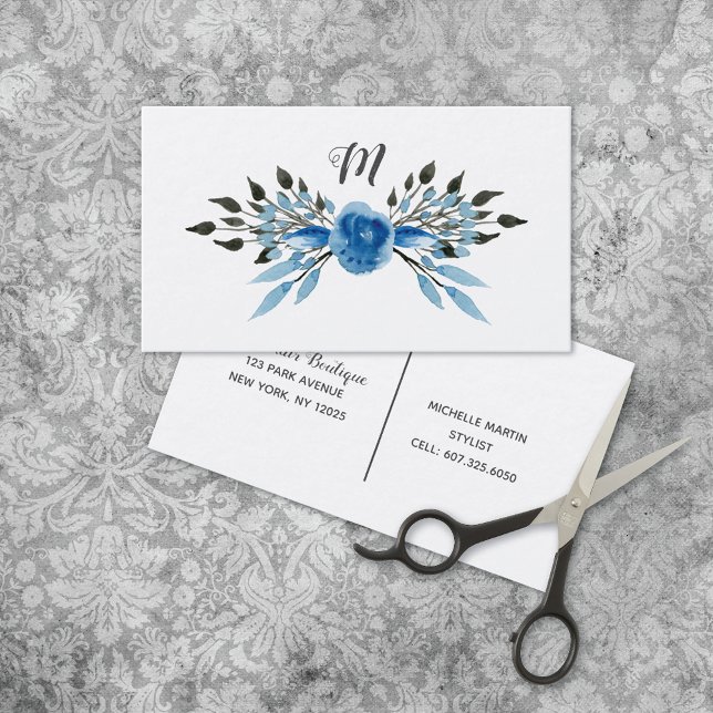 Rustic Blue Rose Monogram Salon Business Card (Creator Uploaded)