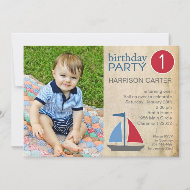 Rustic Blue Sail Boat Birthday Invitation (Front)