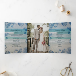 Rustic Blue Seashells Beach Wedding Photo  Tri-Fold Programme