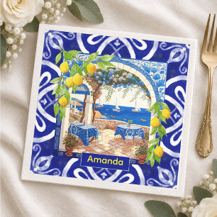 Rustic Blue Sicilian Majolica Citrus Tile Napkin