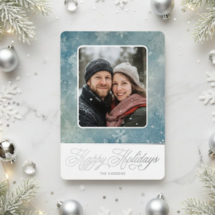 Rustic Blue Snow Photo Winter Holidays Foil Holiday Card