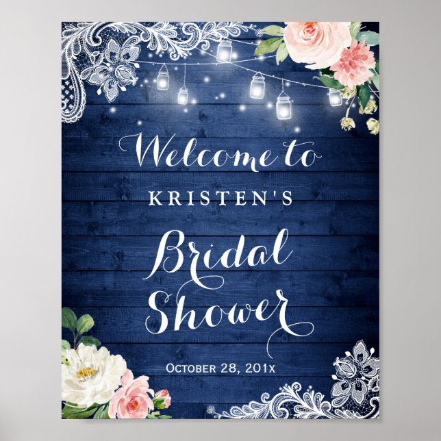 Rustic Blue String Light Floral Bridal Shower Sign (Front)
