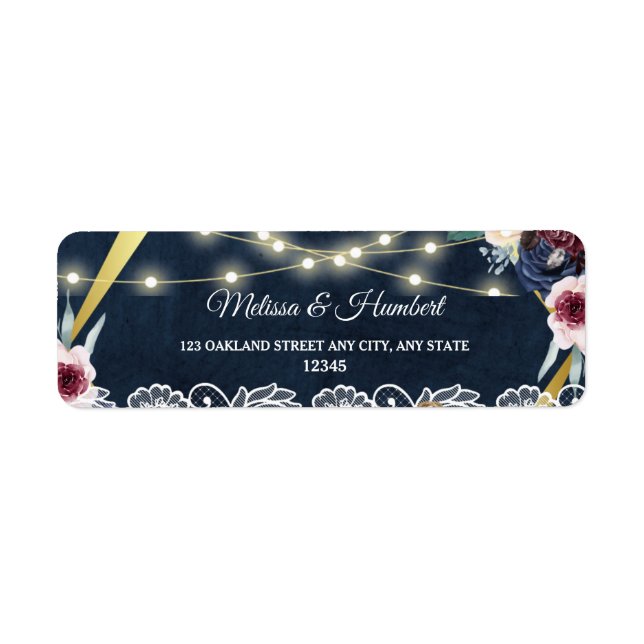 Rustic Blue String Lights Wedding Return Address Label (Front)