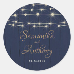 Rustic Blue String Lights Wedding Welcome Classic Round Sticker