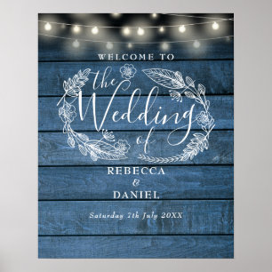 Rustic Blue String Lights Wedding Welcome Sign