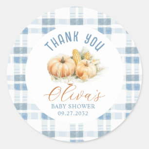 Rustic Blue Stripes Pumpkin Baby Shower Thank You Classic Round Sticker