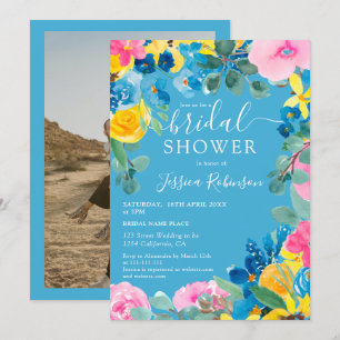Rustic blue summer floral photo bridal shower invitation