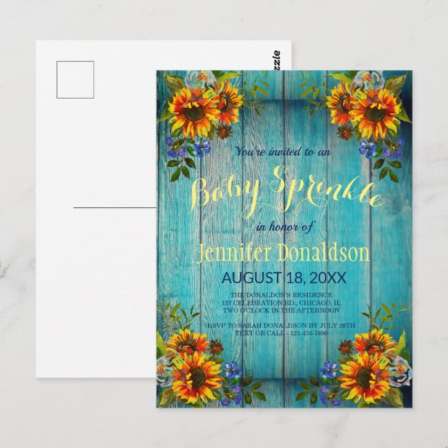 Rustic Blue Sunflower Baby Sprinkle Invitation Postcard (Front/Back)