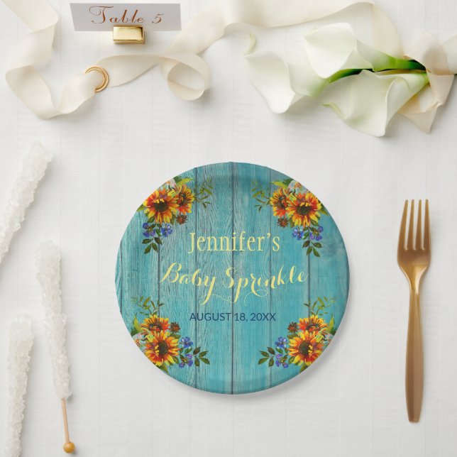 Rustic Blue Sunflower Baby Sprinkle Party Paper Plate (Wedding)