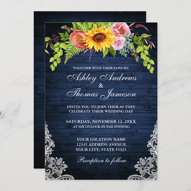 Rustic Blue Sunflower Floral Lace Photo Wedding Invitation (Front/Back)