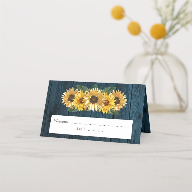 Rustic Blue Sunflower Reception Place Card (Front)
