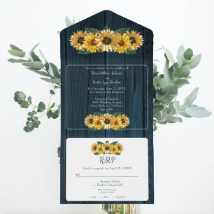 Rustic Blue Sunflower Wedding All In One Invitation