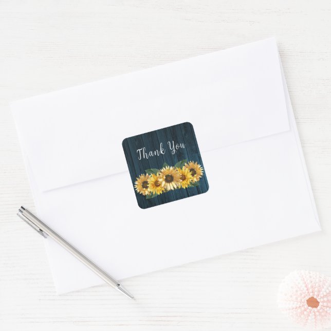 Rustic Blue Sunflower Wedding Thank You Square Sticker (Envelope)