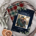 Rustic Blue Tartan Wood Merry Christmas Photo Holiday Card<br><div class="desc">Share your Christmas wishes and your favourite holiday family photo this year with this rustic navy blue Christmas Card design, featuring hand lettered script typography, your favourite photo, red and green tartan plaid on the back, fairy lights, and pine boughs with silver glitter snowflakes. Contact designer for matching products. Copyright...</div>