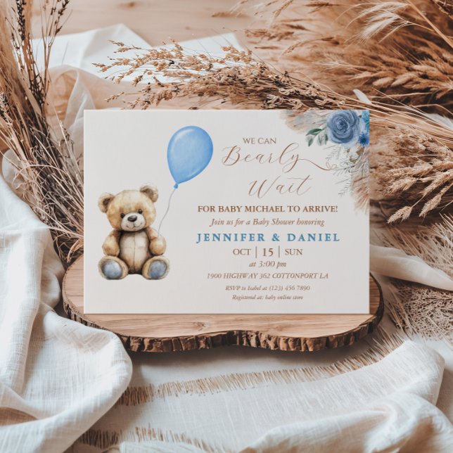 Rustic Blue Teddy Bear Baby Shower Balloon Floral Invitation (Creator Uploaded)