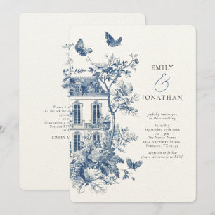 Rustic Blue Toile De Jouy QR Code Wedding Invitation