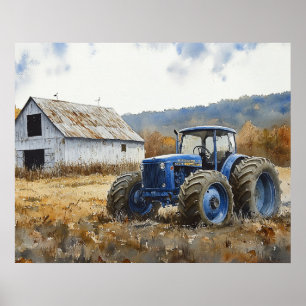 Rustic Blue Tractor White Barn Watercolor Poster