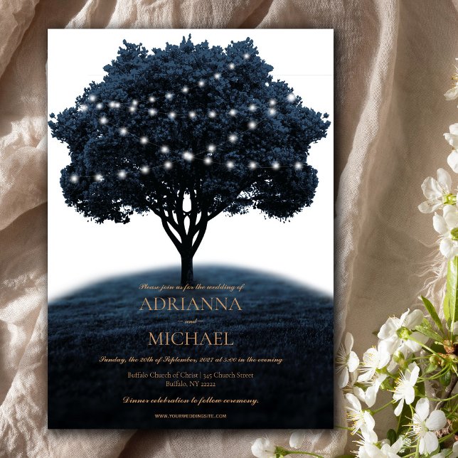 Rustic Blue Tree String Lights Wedding Invitation (Creator Uploaded)