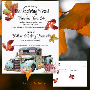 Rustic Blue Truck Thanksgiving Invitation Postcard