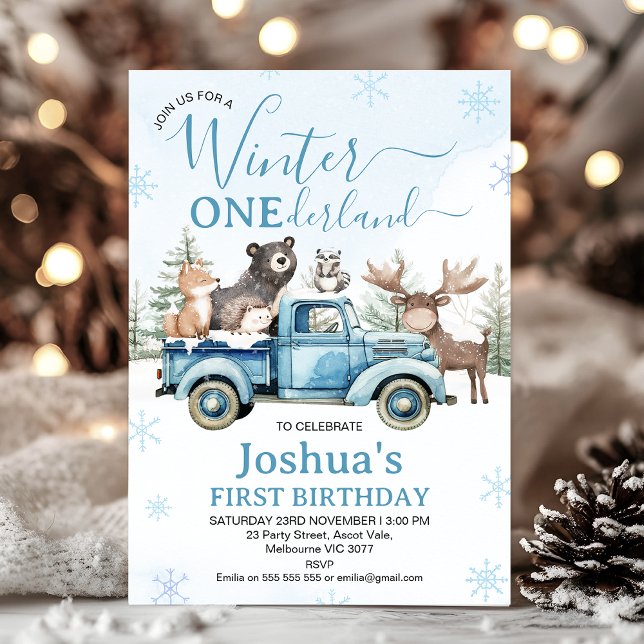 Rustic Blue Truck Winter Onederland Birthday Invitation (Winter Onederland Birthday Invitation, Winter Onederland - 1st Birthday Invitation Template, Blue)