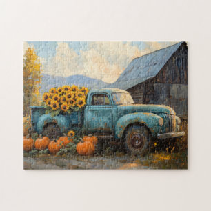 Rustic Blue Truck with Pumpkins and Sunflowers Jigsaw Puzzle