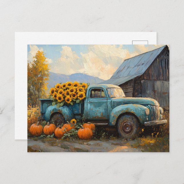 Rustic Blue Truck with Pumpkins and Sunflowers Postcard (Front/Back)