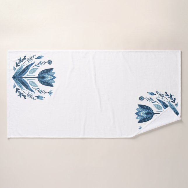 Rustic Blue Tulip Flower Folk Art Botanical Design Bath Towel Set (Bath Towel)