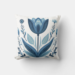 Rustic Blue Tulip Flower Folk Art Botanical Design Cushion