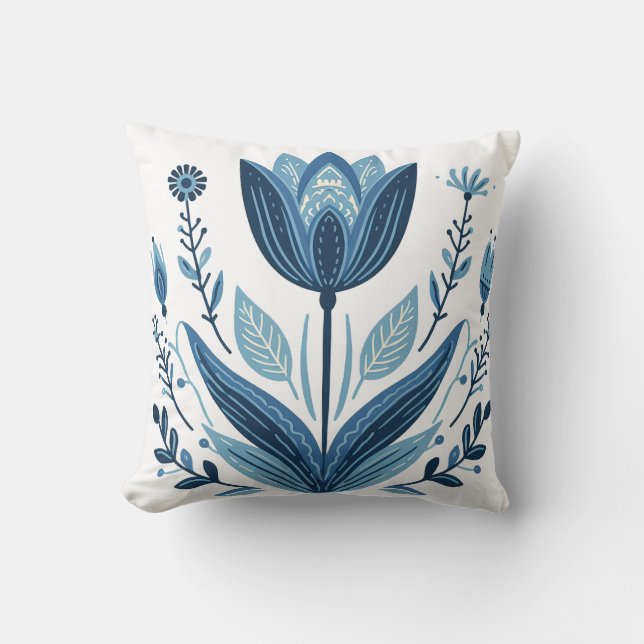 Rustic Blue Tulip Flower Folk Art Botanical Design Cushion (Front)