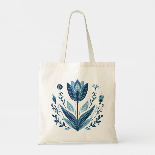 Rustic Blue Tulip Flower Folk Art Botanical Design Tote Bag (Back)