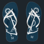 Rustic Blue Vintage Anchor Monogram Thongs<br><div class="desc">Custom printed flip flop sandals with a rustic nautical vintage anchor illustration and your custom monogram or other text. Click Customise It to change text fonts and colours or add your own images to create a unique one of a kind design!</div>