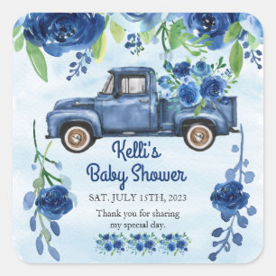 Rustic Blue VINTAGE Truck Baby Shower Square Label