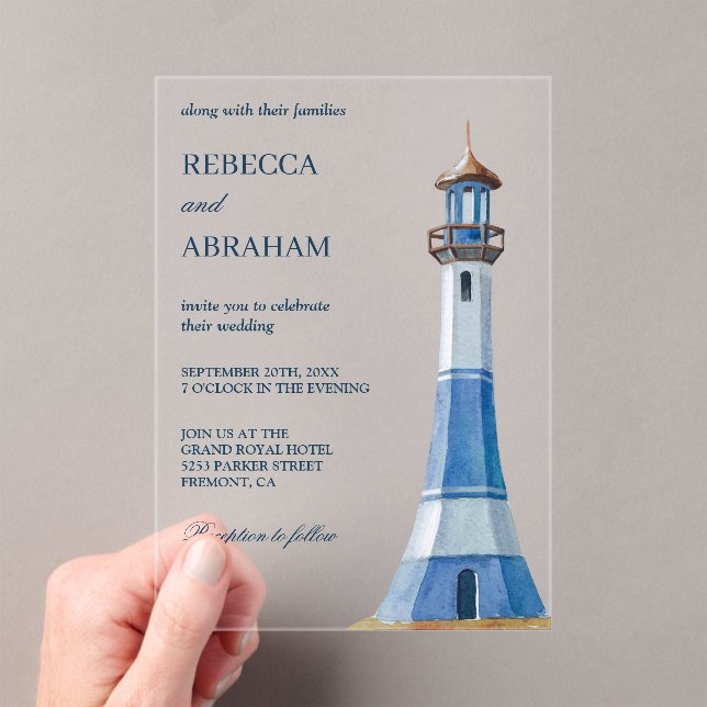 Rustic Blue Watercolor Lighthouse Nautical Wedding Acrylic Invitations (Insitu (Handheld))