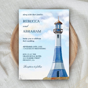 Rustic Blue Watercolor Lighthouse Nautical Wedding Invitation