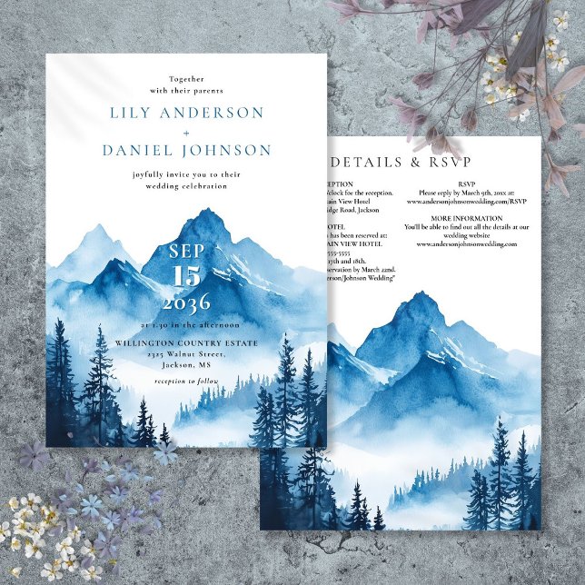 Rustic Blue Watercolor Mountain Wedding Details Invitation (Rustic Blue Watercolor Mountain Wedding Details Invitation)